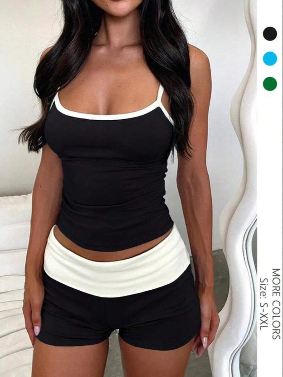 Two-Piece Set Women's Sports Cami Top & Colorblock High Waist Shorts Tracksuit Set, Casual Comfy Breathable Clothing Set For Yoga Gym Workout Running, Ladies Summer Sportswear, Workout Sets Women - 黑色 - 查看 1