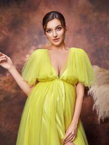 Faeriesty Dressalisa 奢华孕妇优雅低胸露背高开衩薄纱 A 字型婴儿洗礼裙，肩部荷叶边装饰，适合拍摄正式庆典 | 婚礼宾客礼服、晚会、正式活动、颁奖典礼服装 - 黃色 - 查看 7