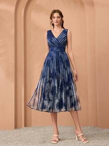 V领印花荷叶边下摆高端晚礼服