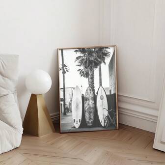 1 件单色冲浪板印刷黑白棕榈剪影艺术、沿海简约无框海报与倾斜的栅栏、海滨别墅装饰和毕业礼物（返校墙印）