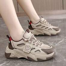 2025春秋季时尚白色运动鞋，厚底休闲帆布鞋，防滑 - 棕色 - 查看 3