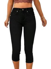 Vetinee High Waisted Skinny Slim Fit Capri Jeanshalloween - 純黑色 - 查看 9