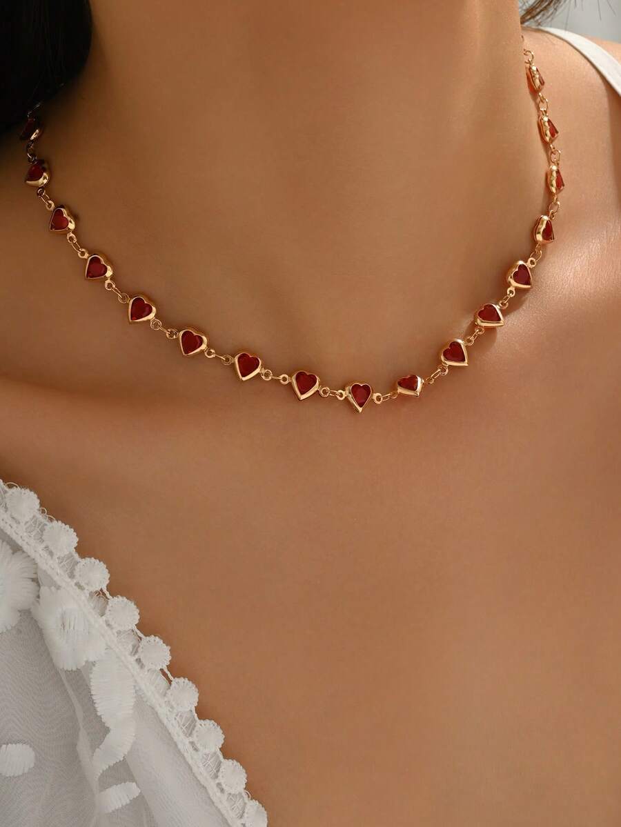 1 chiếc vòng cổ đính đá trái tim màu đỏ thanh lịch và thời trang, trang sức quyến rũ bằng đồng kim loại dành cho phụ nữ, thích hợp để đeo hàng ngày, tiệc tùng, lễ hội âm nhạc, chụp ảnh, làm thủ công, có thể điều chỉnh độ dài - nhiều màu - Xem 1