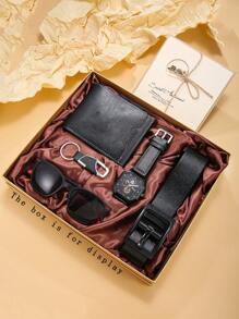 6-teiliges Set mit vielseitiger, minimalistischer Geldbörse, Uhr, Gürtel, Schlüsselanhänger, Sonnenbrille und Grußkarte als Geschenkbox, perfektes Geschenk zum Vatertag, Geburtstag, Jahrestag