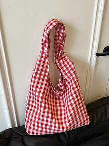Large Capacity Women's Canvas Shoulder Tote Bag, Casual Striped Handbag - Red - View 7
