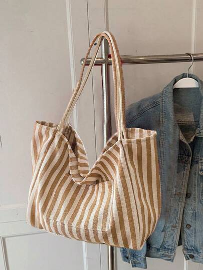 时尚复古条纹帆布手提包，大容量，用途广泛，是工作、上学或户外活动的理想之选，可用作背包、帆布包或沙滩包。