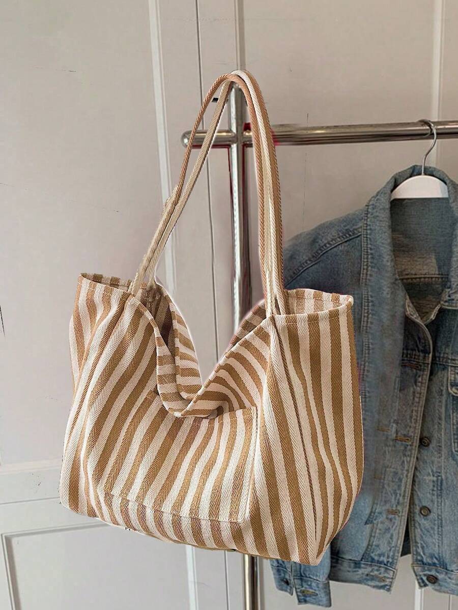 Fashionable Retro Striped Canvas Tote Bag, Large Capacity, Versatile Use, Ideal For Work, School Or Outdoor Activities, Can Be Used As Backpack, Canvas Bag Or Beach Bag