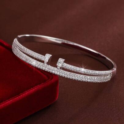 1pc Creative Line Parallel Design Cubic Zirconia Inlaid Women Bracelet
