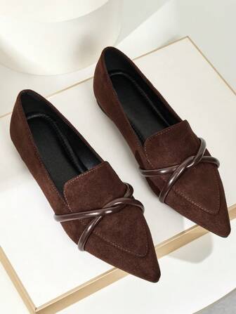 Coffee Brown Pointed Toe Suede Slip-On Loafers, Soft Sole Versatile Flat Vintage Women Casual Outdoor Shoes, All Season