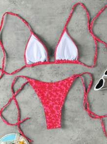 Polovedo Official Women Floral Printed Halter Tie Front Bikini Set, European & American Sexy Style