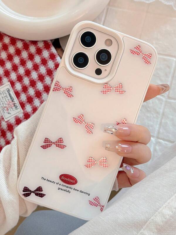 1pc Pearlescent White Romantic Gold Foil Butterfly Pattern Plaid Full Screen Smooth Glossy Phone Case