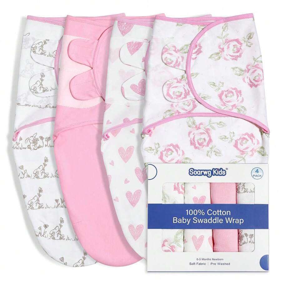 Gllquen Baby Organic Cotton Swaddle Blankets 4-Pack For 0-3 Months Newborn Girls, Pink Floral - 粉色 - 查看 1