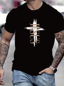 Camiseta de Verano de Ropa Urbana para Hombre - Camiseta Gráfica Minimalista de Cruz y Jesús con Letras Contrastantes, Cuello Redondo Transpirable, Ajuste Regular, Diseño Elegante |   Ropa duradera - Negro - Ver 2