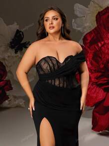 Elegante abito da sera lungo con spacco alto e drappeggio monospalla in pizzo nero taglie comode, abito da sera formale e sexy per donna, abito da sera di lusso lungo per donna, abito da sposa elegante per sera, abito elegante per occasioni formali, abito elegante per eventi, abito da sposa di lusso, abito da festa, per invitati a matrimoni