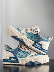 Zapatillas urbanas de skateboarding para hombre - Cómodas, antideslizantes, de cordones, con suela gruesa. Adecuadas para actividades al aire ropa casual. Parte superior beige con acentos verde y azul. Diseño "North Star". Zapatillas casuales para exteriores | Zapatillas deportivas con estampado | Zapatillas deportivas con parte superior de PU - Multicolor - Ver 11