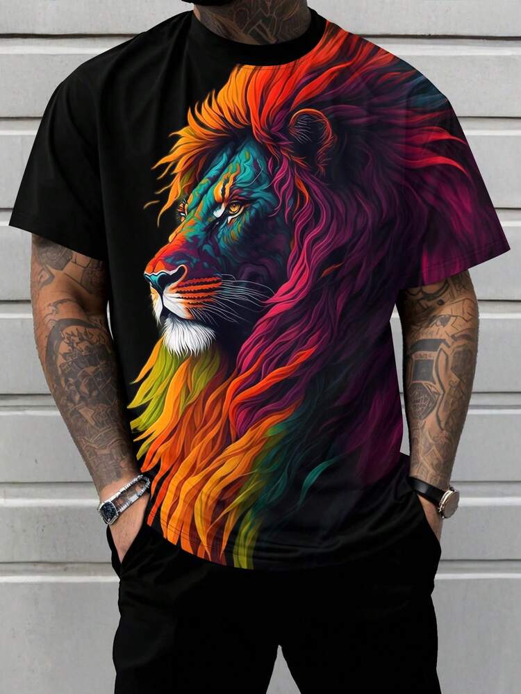 カラフルなライオン柄 半袖Tシャツ ビッグサイズ (メンズ) | SHEIN JAPAN