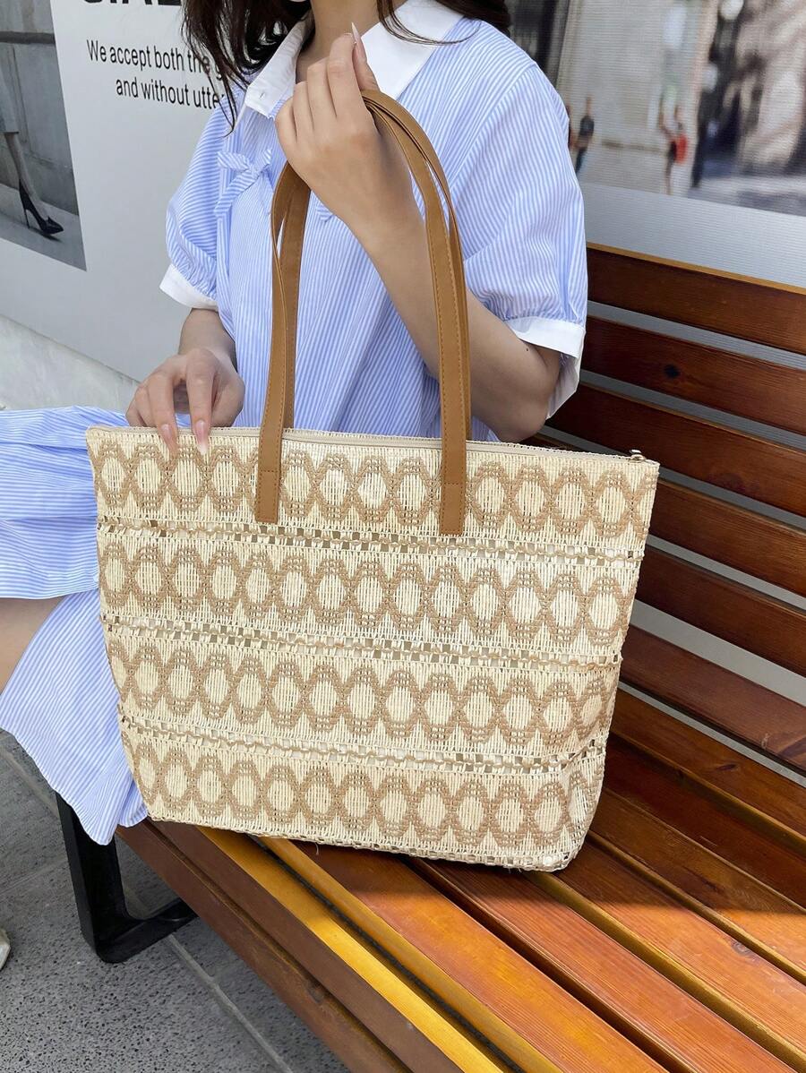 Large Capacity Handmade Woven Straw Tote Bag For Women, Versatile Summer New Design Shoulder Bag, Beach Vacation Style