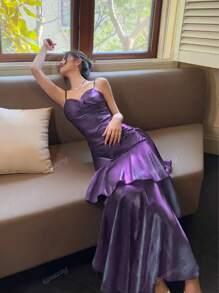 Pearlescent Slim Wait Graduation Party Dress Women Spaghetti Straps Ruffles Wedding Bridesmaid Dresses Festival Formal Clothes