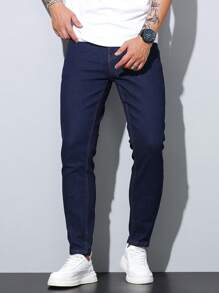 1 pieza Jeans de ajuste ceñido y elástico para hombres, pantalones casuales estilo coreano ajustados