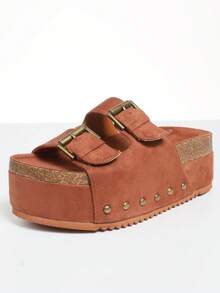 Women's Cork Platform Sandals Fashion Studded Adjustable Buckle Straps Slip On Thick Bottom Casual Wedges Clogs Slide Sandals Woman - Brown - View 6
