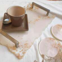 Large Tray & Round Coaster Silicone Molds, 1pc Resin Tray Mould, 2pcs Coaster Mould, With 2pcs Golden Handle, Epoxy Resin Casting Molds For Making Artificial Agate Trays, Service Plates Display Tray Irregular Shape