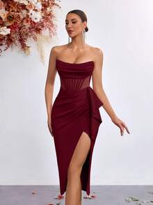 Elisanya Backless Strapless Ruffle Slit Front Formal Party Dress - Burgundy - View 1