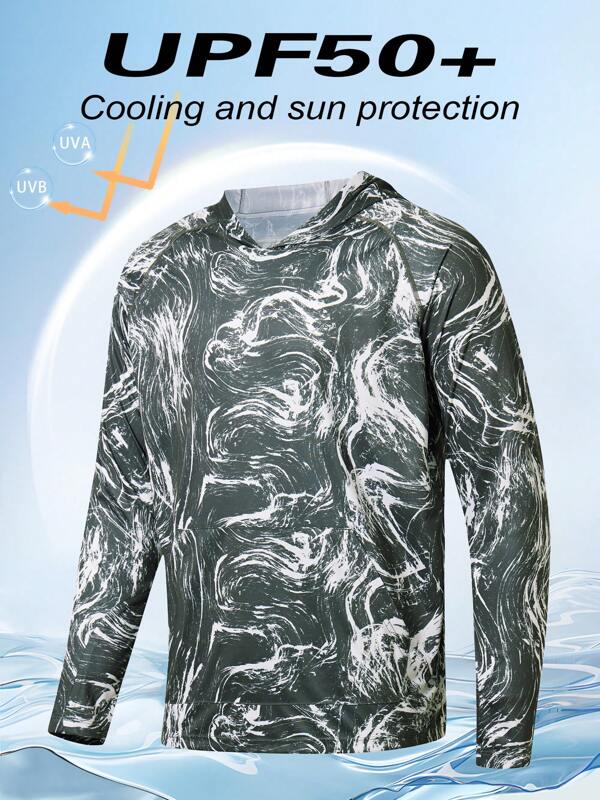 Men's Long Sleeved Printed Patch Bag Hooded Thumb Hole Sunscreen Clothing