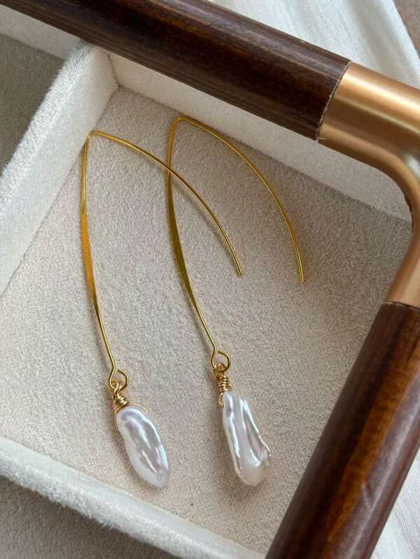 1 Pair Natural Baroque Freshwater Keshi Pearl Pear-Shaped Dangle Earrings, Asymmetrical Stylish Elegant Design, Cool Vibe, Summer New Arrival Women Earrings