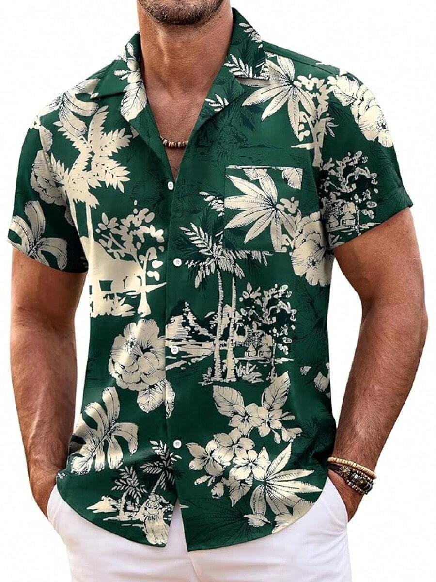 Mens Hawaiian Shirt Short Sleeve Floral Button Down Shirts Tropical Summer Beach Shirts Camp Collar Shirthalloween - Green Palm Tree - View 1