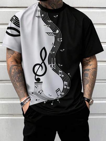 Plus Size Men's Musical Note Pattern Round Neck Short Sleeve T-Shirt