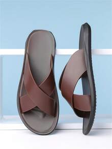 1 Pair Men's Solid Color Slippers, Fashionable Resort Style Elegant Lightweight Comfortable Soft Anti-Slip Open Toe Slip-On, Suitable For All Seasons - Brown - View 2