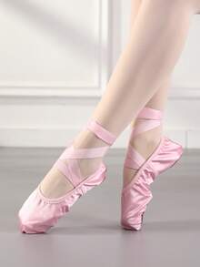 系带芭蕾舞鞋、室内软底舞蹈鞋、瑜伽鞋、练习鞋、平底鞋、缎面面料、舒适耐用的粉色女式舞蹈鞋 - 粉色 - 查看 6