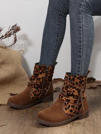 Women's Brown Leopard Print Color Block Fashion Ankle Boots With Lace Up, Side Zipper, Stylish & For Autumn/Winter