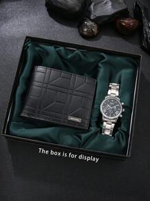 2pcs Men's Watch Set, Casual Versatile Business Formal Fashion Stainless Steel Dress Watch + Wallet, Suitable As A Perfect Birthday, Christmas Gift For Him