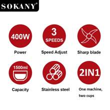 SOKANY SOKANY 03012 Household Multifunctional Wall Breaking Machine, Fruit Juicer, Ice Crusher, Food Cooking Machine, Grinder, Cooking Machine, Vegetable And Fruit Mixer.3-Speed Adjustable Speed, Free Grinding Cup, 2-In-1 Configuration, 1.5L Large Capacity, Stainless Steel Surface, Stainless Steel Blade, Suitable For Family Wall-Breaking Juicer Cooking Machine