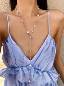 1 pieza Collar largo con colgante con forma de corazón de circonia con concha marina dorada/plateada, collar con colgante Boho brillante adecuado para uso diario, citas, fiestas, vacaciones, aniversarios, regalo de cumpleaños, elegante y refinado de moda minimalista de lujo