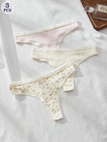 DORSU Bộ 3 quần lót dây ren cho nữ, đồ lót mềm mại, co giãn, gợi cảm, trang trí nơ hoa dễ thương, quần lót dây viền tương phản, đồ lót thể thao năng động, phù hợp cho mọi mùa, cạp thấp, màu trơn, quần lót dây màu vàng tươi cho nữ. - Nhiều màu - Xem 1