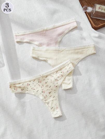 DORSU 3pcs Lace Trim Women's Thong, Soft Stretchy Sexy Panties, Floral Bow, Cute Thong, Contrasting Thin Edges, Playful Sexy Panties, Athleisure, Home Sexy Panties, All Seasons, Low Rise, Solid Color Thong, Bright Yellow Women's Thong