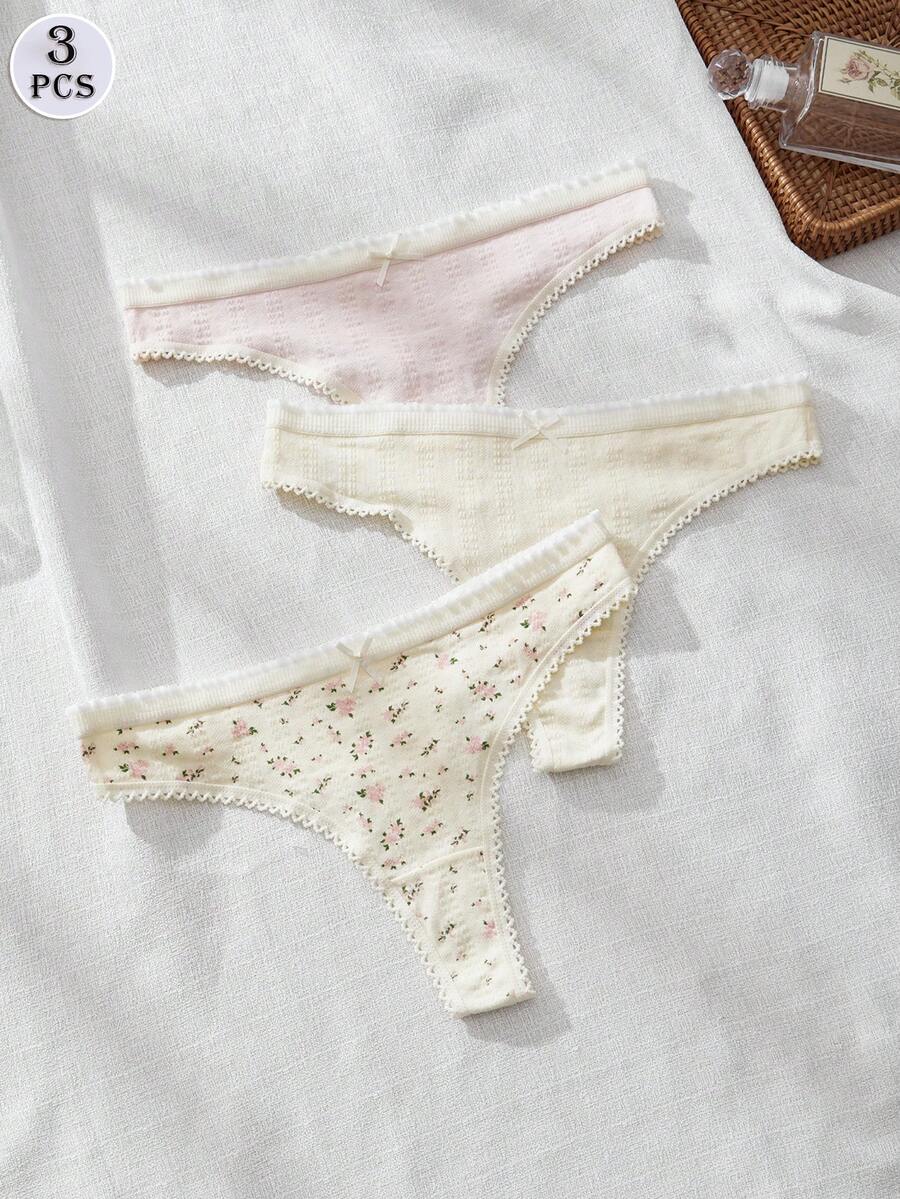 DORSU Bộ 3 quần lót dây ren cho nữ, đồ lót mềm mại, co giãn, gợi cảm, trang trí nơ hoa dễ thương, quần lót dây viền tương phản, đồ lót thể thao năng động, phù hợp cho mọi mùa, cạp thấp, màu trơn, quần lót dây màu vàng tươi cho nữ. - Nhiều màu - Xem 1