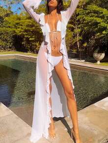 女士优雅纯色沙滩罩衫，性感长袖蕾丝边沙滩比基尼罩衫，飘逸荷叶边下摆度假风 - 白色 - 查看 10