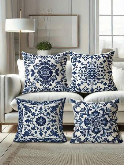 1/4 piezas Fundas de cojín decorativas con estampado floral azul y blanco de estilo bohemio, de estilo moderno, de impresión en un solo lado de poliéster, con cierre de cremallera, lavables a máquina, adecuadas para la sala de estar, el dormitorio, el sofá (núcleo de cojín no incluido), decoración de otoño, decoración de otoño, decoración de la habitación