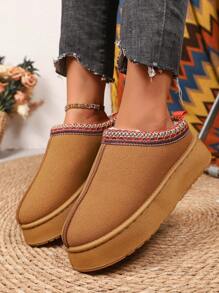 女士保暖内衬厚底一脚蹬拖鞋，2025 冬季新款包头穆勒鞋，彩色编织装饰厚底雪地靴，适合室内/室外穿着