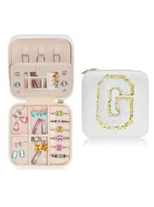 1pc Portable Travel Jewelry Box, Custom Lettered (A-Z) Organizer, Multi-Layer Jewelry Case With Mirror And Makeup Brush Holder, Suitable For Rings, Necklaces For Women Storage Organizer Travel Essentials Back To School Dormitory Storage