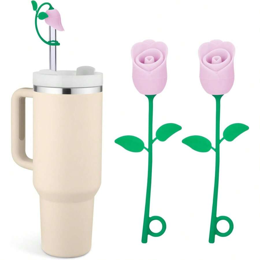 Straw Toppers For  Cup, Cute Straw Cover Cap Compatible With 20 30 40 Oz Tumbler And Water Bottles, 6 8 10mm Straws Accessories, 2Pcs Silicone Rose Flower For Women Girls Friends Gift (Pink)