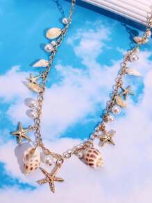 1pc Fashionable, Exquisite, Luxury Summer Beach Resort Style Starfish, Shell, Seashell, Pearl Decor Long Necklace For Women, Daily & Beach Outfit Jewelry