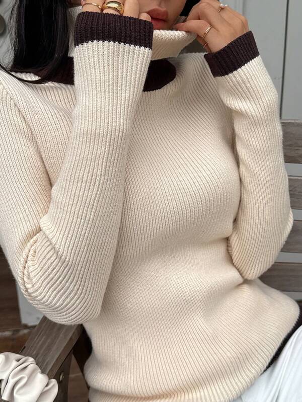 Suéter de cuello alto elegante y sencillo con diseño de cuello de doble capa para mujer
