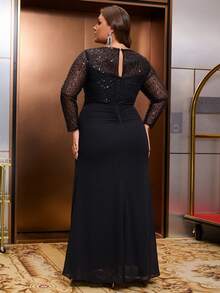 Vestido de noche largo talla grande de cuello redondo de malla con lentejuelas negras - Negro - Ver 6