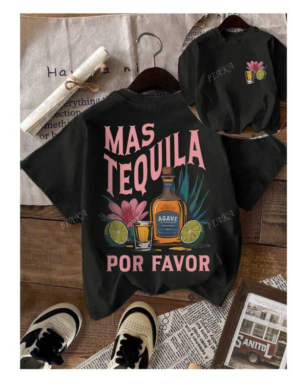 Tequila cocktail margarita beker, citroenbloem blad letter print ronde hals fit casual dames T-shirt, lente en zomer dames sport sweatshirt, dagelijkse casual dameskleding, Mexicaanse stijl, whisky en fruit patroon T-shirt