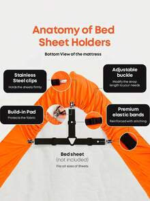 4 件套床单固定带床单固定扣 - 可调节弹性床单固定器，适用于褶皱床单
