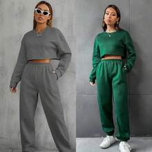 CUTE Conjunto de dos piezas de suéter de cuello redondo de unicolor de manga y pantalones largos de punto, casual, para otoño/invierno - Gris - Ver 4
